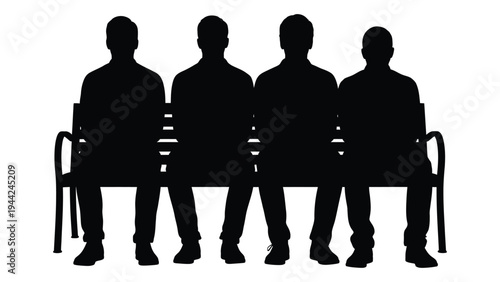 Black silhouettes of four men sitting on a bench in a row, facing forward, simple illustration