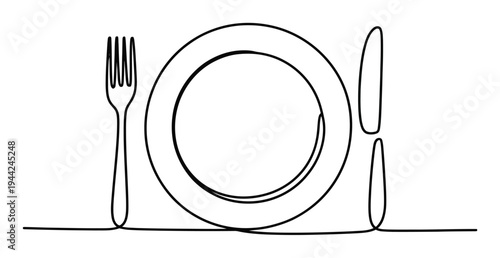 Minimalist single line of a plate, fork, and knife