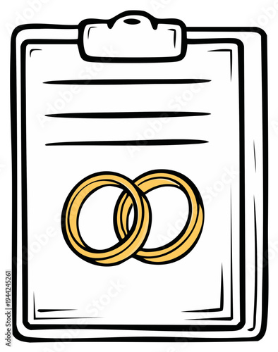 Illustration of marriage document with golden wedding rings on paper