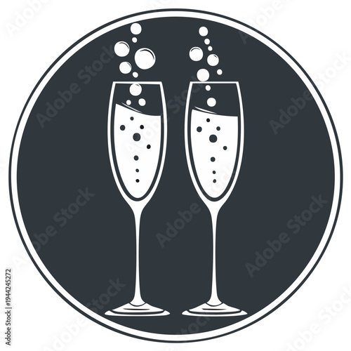 Two tall champagne flutes filled with bubbly liquid and rising bubbles create a festive icon.