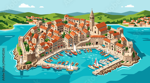 Vibrant illustration of a coastal town featuring a harbor filled with boats, architecture with red tile roofs, and surrounding green hills, creating a picturesque scene.