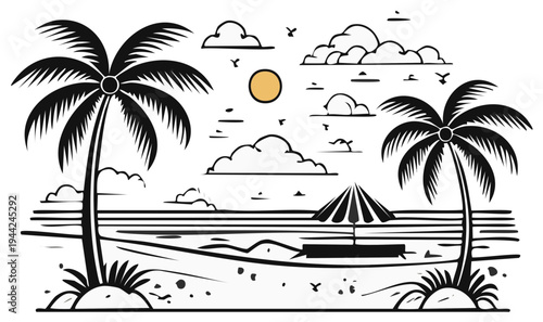 Minimalist beach scene with palm trees, sun, umbrella, and ocean view