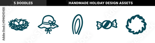 Hand-drawn Easter and spring celebration elements in a rustic doodle style. Naive marker sketch illustrations of bird nest, sun hat, and rabbit ears.