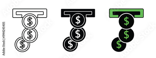 Modern Flat Icons Set: ATM Withdrawal Money Transaction Symbols - Minimalist, flat icon, outline, glyph, linear, clipart, sticker - Vector icon set - Glyph icon