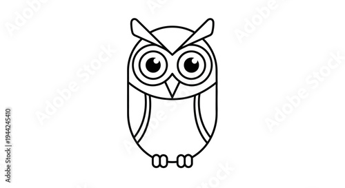 Simple black and white line art owl illustration. Minimalist vector icon of a wise nocturnal bird with big eyes.