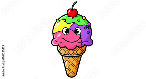 Colorful cartoon ice cream cone dessert.