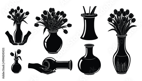 Flower vase silhouette illustration with tulips in various designs and styles