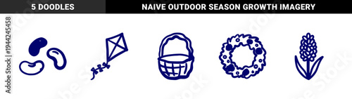 Hand-drawn spring and garden elements for organic brand identity. Naive marker sketch illustrations featuring basket, beans, kite, and floral wreath.