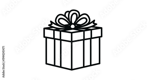 Black and white outline icon of a gift box with a decorative bow, perfect for celebrations, holidays, birthdays, and special occasions.
