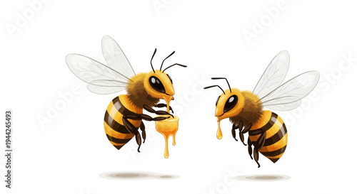 Two bees flying with honey dripping.