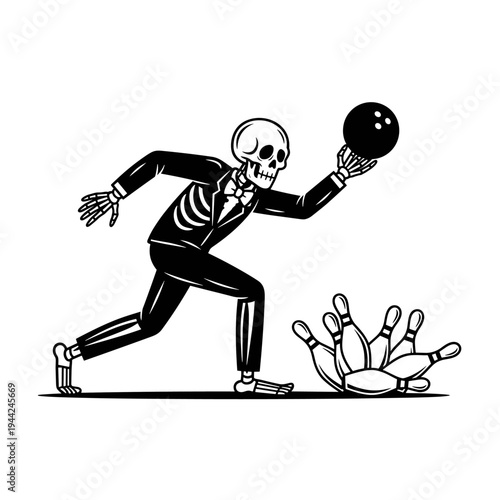 Skeleton bowling a strike in a tuxedo.