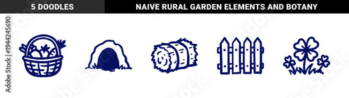 Rustic hand-drawn farm and countryside elements for organic brand identity. Naive marker sketch illustrations featuring hay, harvest basket, and fence.