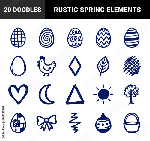 Hand-drawn Easter holiday and spring nature doodles for organic branding. Rustic naive marker sketch illustrations featuring eggs, birds, and garden elements.