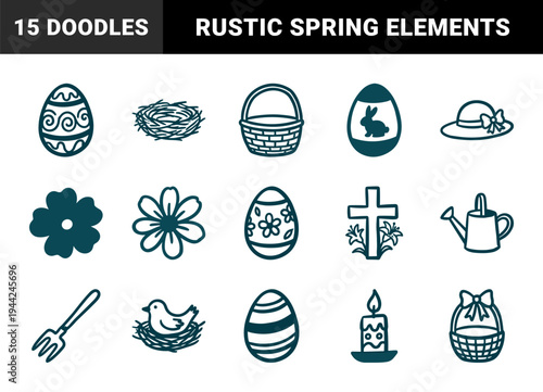 Hand-drawn Easter and spring garden elements for organic seasonal branding. Rustic naive marker sketch illustrations featuring holiday and nature concepts.