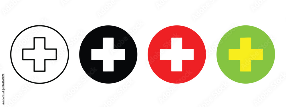 Fototapeta premium Modern Flat Colorful Medical Cross Icon Set Bundle - Minimalist, flat icon, outline, glyph, linear, clipart, sticker - Vector icon set - Glyph icon