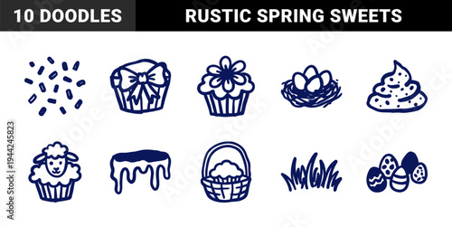 Easter cupcake and spring celebration elements in a naive marker doodle style. Hand-drawn rustic confectionery and holiday treats for organic seasonal branding.