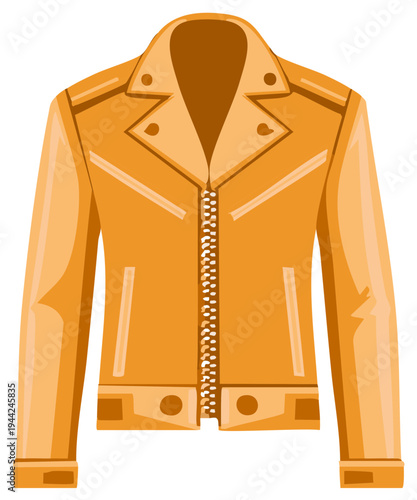 Vibrant orange leather biker jacket with prominent zipper and classic lapels vector illustration
