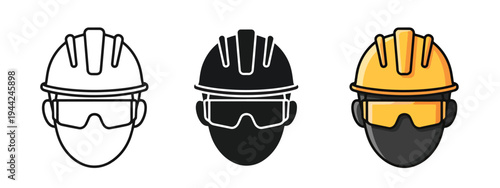 Safety Helmet Icons Set with Goggles in White, Black, Yellow - Minimalist, flat icon, outline, glyph, linear, clipart, sticker - Vector icon set - Glyph icon