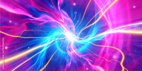 Abstract colorful purple background with glowing lines and futuristic blue motion waves creates a bright fractal art design featuring energy patterns and plasma shapes in space