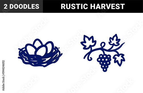 Hand-drawn bird nest with eggs and grapevine cluster for organic brand identity. Rustic, naive marker sketch illustrations featuring farm life.