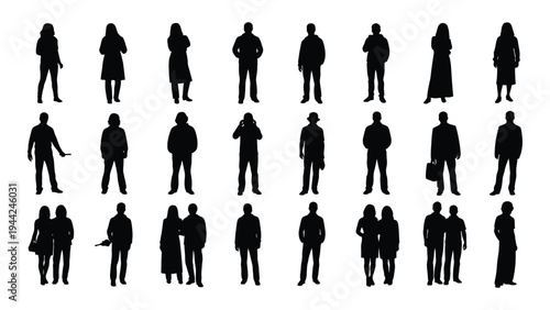 Collection of diverse human silhouettes in various poses and attire on white background for design and illustration