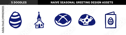 Hand-drawn Easter holiday elements in a rustic blue marker style. Naive doodle illustrations featuring an egg, hot cross bun, church, and greeting card.