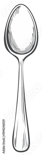 Vintage style teaspoon drawing, a detailed single metallic kitchen utensil art piece with line art illustration and simple design.