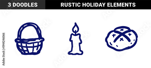 Traditional easter symbols in a rustic hand-drawn doodle style. Naive marker sketch featuring a wicker basket, lit candle, and braided holiday bread.