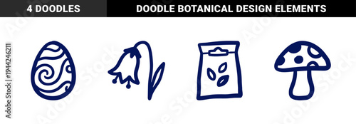 Hand-drawn spring garden and nature elements for organic brand identity. Rustic, naive marker sketch illustrations featuring seasonal growth concepts.