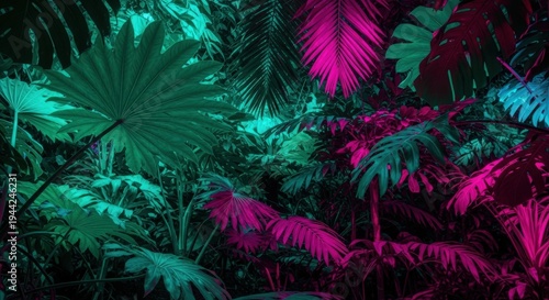 Dark jungle with tropical leaves in neon teal and magenta
