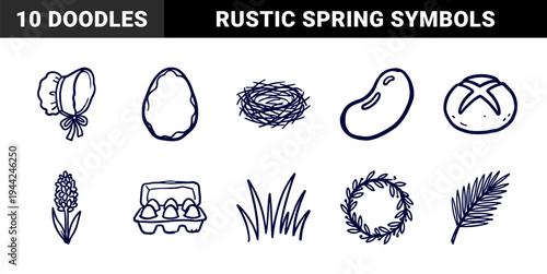 Hand-drawn Easter and spring seasonal elements for organic branding. Rustic naive marker sketch illustrations featuring holiday tradition concepts.
