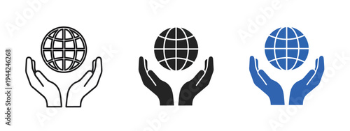 Global Hands Icon Set with Earth Globe Symbols - Minimalist, flat icon, outline, glyph, linear, clipart, sticker - Vector icon set - Glyph icon