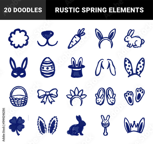 Easter bunny and spring celebration elements for organic brand identity. Rustic, naive marker sketch illustrations featuring rabbit, carrot, and egg concepts.