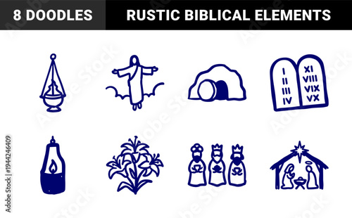 Hand-drawn Christian religious symbols in a rustic naive doodle style. Blue marker sketch illustrations featuring biblical stories and faith elements.