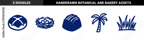 Rustic hand-drawn nature and food elements for organic branding. Naive navy blue marker sketches of nest, palm tree, and artisan bread.