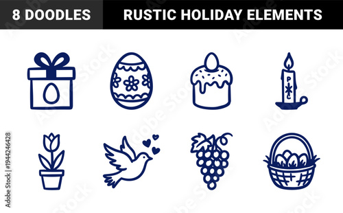 Hand-drawn Easter and Orthodox Christian holiday elements with rustic charm. Naive marker sketch illustrations of spring celebration and religious traditions.
