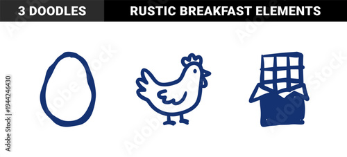 Hand-drawn rustic breakfast and snack elements featuring egg, chicken, and chocolate bar. Naive blue marker sketch for organic food branding.
