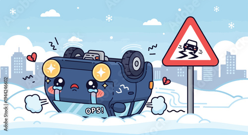 Cute cartoon car flipped upside down in winter snow with warning sign and cityscape background