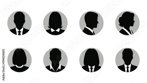 An analysis of eight anonymous business professionals in silhouette form with various hairstyles and suits