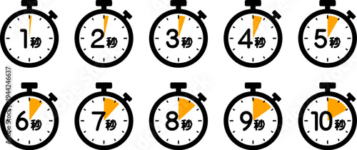 時間を示すストップウォッチのアイコン（1秒/2秒/3秒/4秒/5秒/6秒/7秒/8秒/9秒/10秒）
