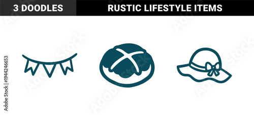 Hand-drawn celebration and lifestyle elements for organic branding. Rustic, naive marker sketch of bunting flags, bread, and a sun hat.