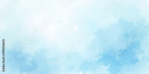 An abstract blue watercolor background features bright white clouds and a sunny summer sky to create a light ethereal nature landscape with a clear heaven atmosphere