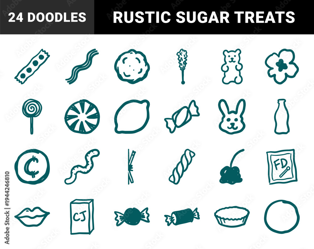 Fototapeta premium Hand-drawn nostalgic candy and confectionery elements for playful brand identity. Naive marker sketch illustrations of sweets, gummies, and sugar treats.