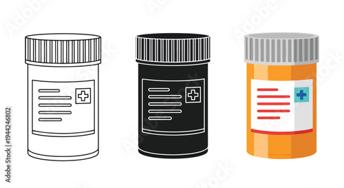Flat Design Pill Bottles Icon Set with Medical Labels - Minimalist, flat icon, outline, glyph, linear, clipart, sticker - Vector icon set - Glyph icon