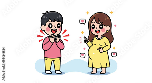 Cartoon illustration of a surprised man and a pregnant woman holding a smartphone with speech bubbles and colorful icons around them on a white background with a light blue shadow.