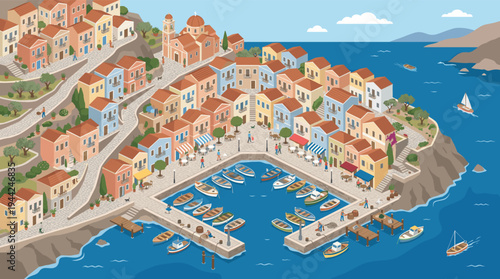 Isometric vector illustration of a charming coastal village harbor scene, featuring colorful buildings, boats, and people, evoking a sense of Mediterranean travel and summer vacation.