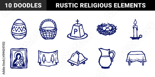Hand-drawn Easter and Orthodox religious elements for rustic branding. Naive blue marker sketch illustrations of spring holiday traditions.