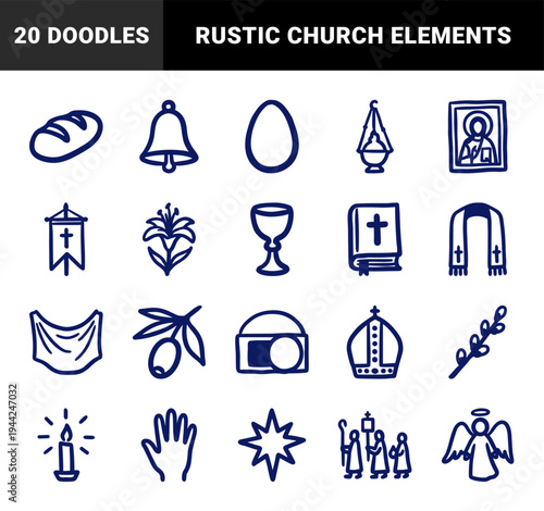 Orthodox Christian Easter symbols and religious church elements for festive branding. Hand-drawn naive marker sketch style with crude organic lines.