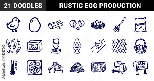 Hand-drawn poultry farming and egg production elements for organic branding. Rustic, naive marker sketch illustrations featuring chicken coop and hatchery concepts.