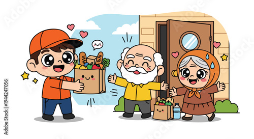A delivery person handing groceries to an elderly couple at their doorstep with a cheerful cartoon style and warm colors.